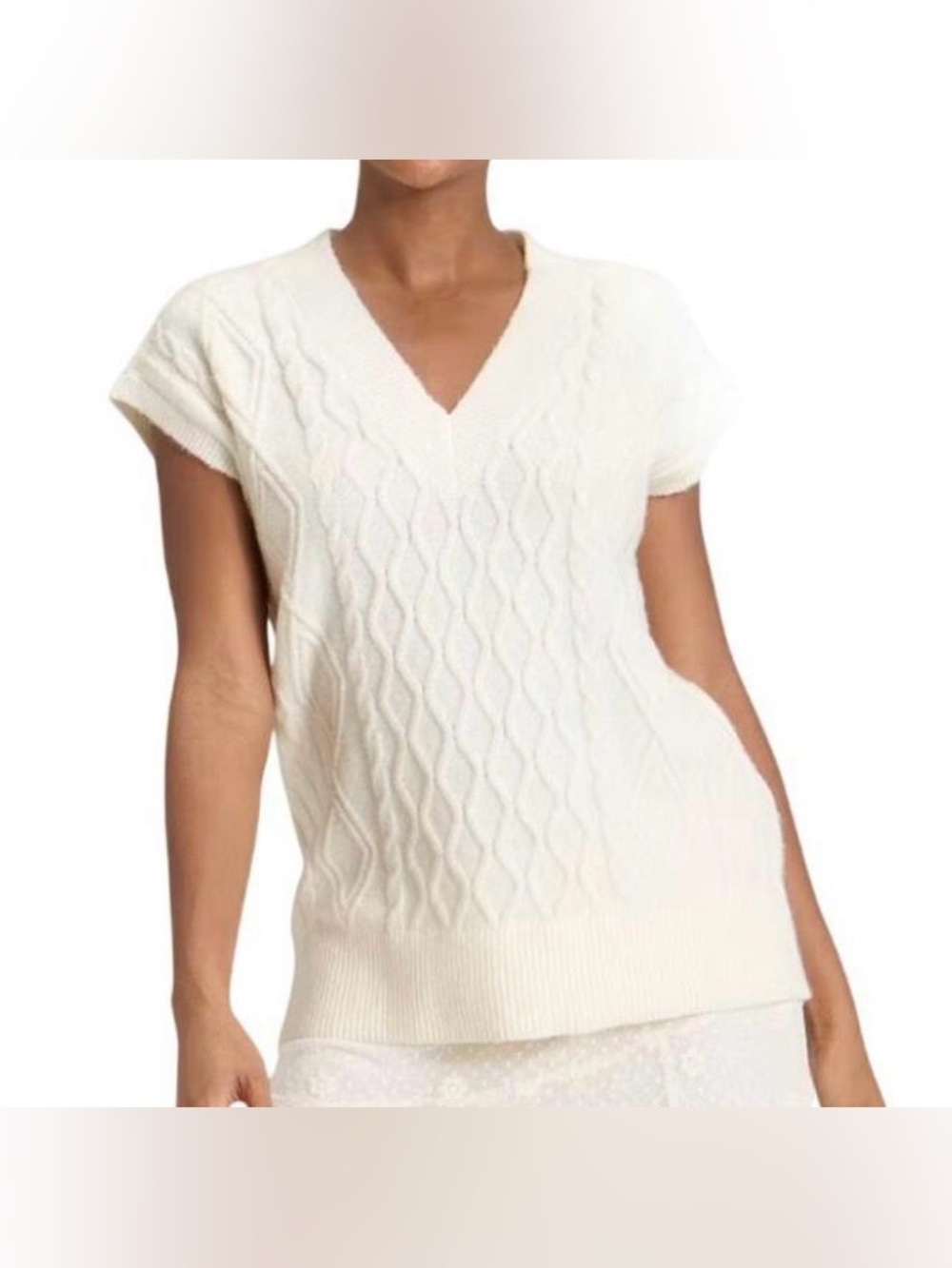 V-Neck Cable Knit Short-Sleeve Sweater in Cream